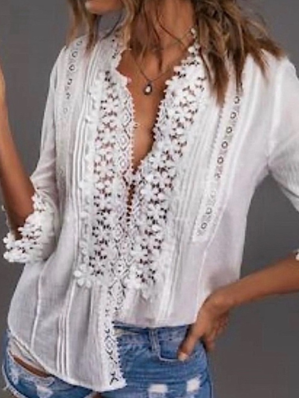 boho LACE blouse womens eyelet crochet top shirt white S mock neck blogger
